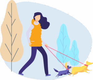 Woman walking with dogs illustration.