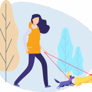 Woman walking with dogs illustration.