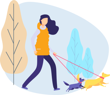 Woman walking with dogs illustration.